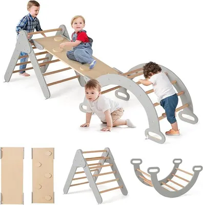 Imagen del producto de Estructura de escalada triangular interior, 4 en 1, con arco de escalada, escalera, tobogán, rampa de doble cara, triángulo de peldaños para escalar, deslizarse y balancearse. Estructura triangular para niños pequeños, color gris