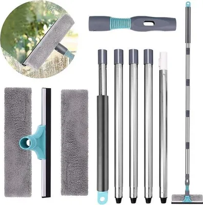 Produktbild von Unyqoos® Teleskop-Fensterwischer 2-in-1, 23–200 cm, flexibler Kopf, abnehmbares Mikrofasertuch inkl. Ersatz, 5‑teilige Aluminiumstange, für innen & außen