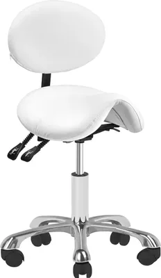 A white saddle stool with a backrest and a chrome base with wheels, isolated on a white background.