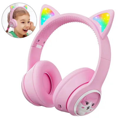 A child wearing pink cat-ear headphones with LED lights, and a close-up of the headphones.