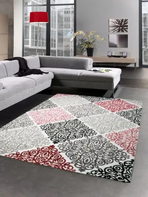 Produktbild von Designer Teppich Wohnzimmerteppich Ornamente barock rosa grau taupe mit Glitzergarn Größe - 80 x 300 cm