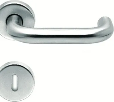 A stainless steel door handle set with a keyhole escutcheon on a white background.