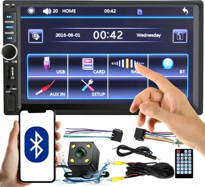 Zdjęcie produktu dla QIKtech Radio Samochodowe Bluetooth USB 2DIN Wyświetlacz 7" + KAMERA COFANIA Zestaw