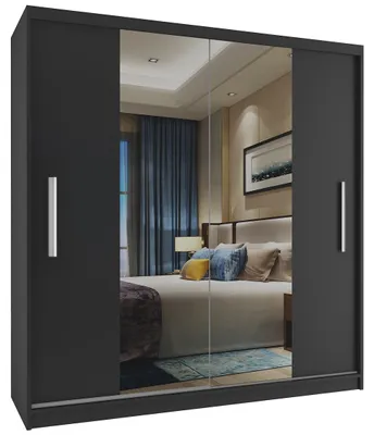 Image de BELINI Verona ME, armoire coulissante de 158 cm, noire mat - Armoire avec miroir et penderie, idéale pour la chambre