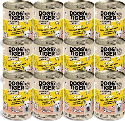 Zdjęcie produktu dla Dogs'n Tiger Adult karma dla psów, Gaudi, mokra karma, bez zbóż, kurczak, indyk, żurawina i słodki ziemniak, 12x400g