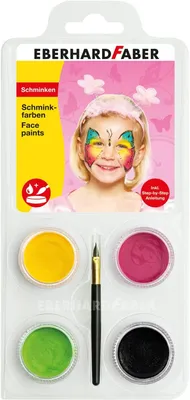 Produktbild von Eberhard Faber 579022 - Schminkfarben-Set Schmetterling mit 4 Farben, Pinsel und Anleitung, wasserlöslich, schnell trocknend, Schmink-Set für Kinder zum Bemalen von Gesichtern