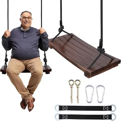 Imagen del producto de Asiento de columpio de madera, columpio de madera anticorrosivo para adultos y niños, ideal para jardines. Silla columpio de madera para interiores y exteriores, con cuerda ajustable y capacidad de carga de hasta 250 kg