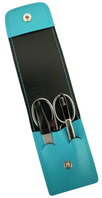 Produktbild von Solingen* Maniküre Set im Lederetui – Germany – Nagelschere, Saphirnagelfeile (grob/fein), Pinzette zur Nagelhautpflege – Echtes Leder Türkis