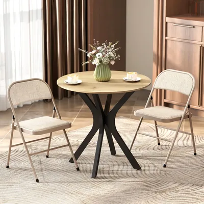 Produktbild von Faltstuhl gepolstert, Klappstuhl 2er-Set, Esszimmerstuhl mit Leinenoptik, Beige  |  Stahlgestell  |  bis 120 kg  |  46 x 45 x 78 cm