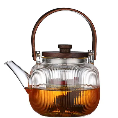 Produktbild von Teekanne mit Walnussdeckel, 900 ml, Glaskessel mit Siebeinsatz,tropfsicherer Ausguss, Holzgriff, hitzebeständig