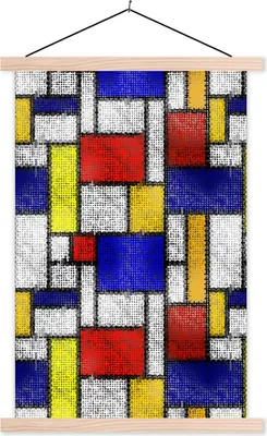 Produktbild von MuchoWow® Textilposter Piet Mondrian - Gelb - Blau - Rot 60x90 cm mit holzfarbenen Rahmen - Textil