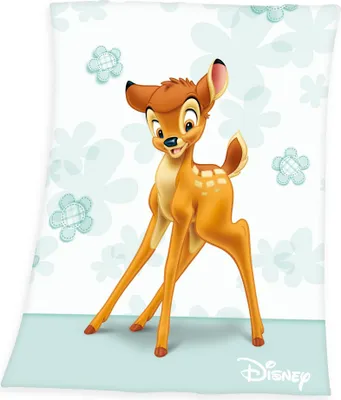A cartoon deer on a light blue and white background with floral patterns.