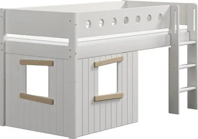 Produktbild von White Mittelhohes Bett, gerade Leiter & Baumhaus-Bettenfronten, Holz 90x200 cm Weiß / Eiche, Matratze:ohne