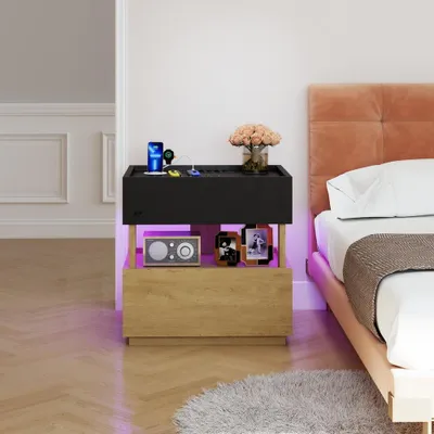 Produktbild von Nachttisch mit kabelloser Ladefunktion, LED-Stimmungsbeleuchtung, USB-Anschlüssen und zwei Schubladen, Beistelltisch fürs Schlafzimmer, Schwarz