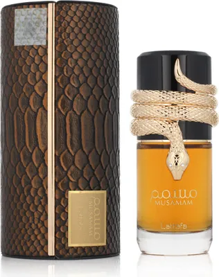 A perfume bottle and its packaging are displayed against a white background.