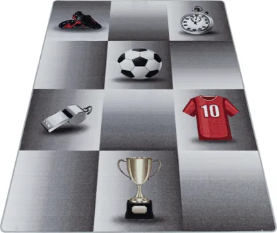 Produktbild von Kinder Teppich Kinderzimmer für Jungs und Mädchen Grau 120x170 weich Fußball-Design bunt aus Regenbogen Fußball uvm. Rechteck aus Polyamid