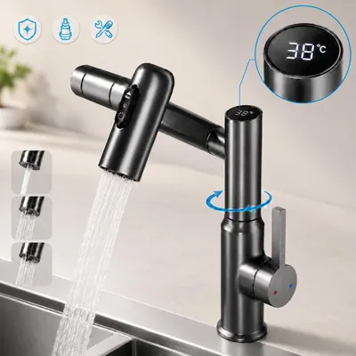 Produktbild von Wasserhahn Bad mit 3 Strahlarten, LED-Temperaturanzeige Armaturen küche, 360° drehbar, Edelstahl, Keramikventil, für Bad & Küche