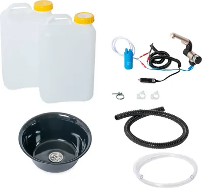Produktbild von 12V Camping Bausatz Waschbecken schwarz 24cm rund 19 Liter T4 T5 T6 Transit Vito