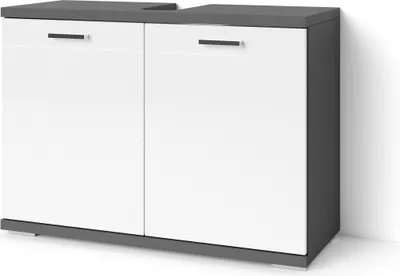 A modern bathroom vanity cabinet with two doors and a countertop.