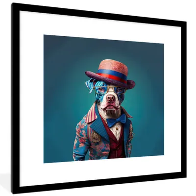 Produktbild von MuchoWow® Gerahmtes Poster Hund - Hut - Jacke - Blumen - Blau 40x40 cm - Poster mit Schwarzem Bilderrahmen Wandposter Rahmen Foto Bilder - Poster - Plakat im Rahmen