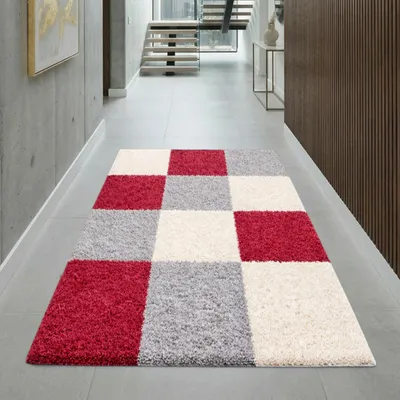 Produktbild von Shaggy Teppich Karo Design Rot Grau Cream Größe - 60 x 110 cm