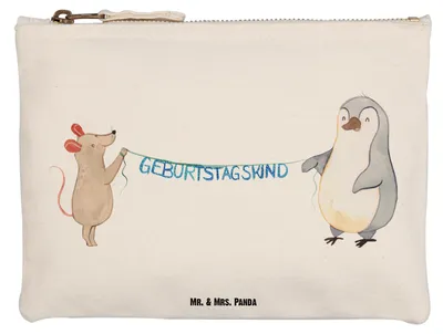 Produktbild von Mr. & Mrs. Panda Federmappe Maus Pinguin Geburtstag Größe M - Weiß - Geschenk, Happy Birthday, Pouch, beauty case, Kulturbeutel, Schlampermäppchen, Stoffbeutel