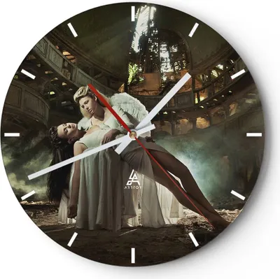 Produktbild von Wanduhr - Rund - Glasuhr - Engel Frau Theater Oper - 30x30cm - Schleichendes Uhrwerk - Lautlos - zum Aufhängen bereit - Dekoration Modern - Wanddekoration aus Glas - C3AR30x30-2588