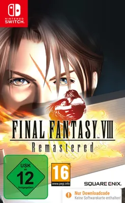 The image is a promotional cover for the video game Final Fantasy VIII Remastered for Nintendo Switch. It features artwork of the main characters and game title, along with age rating symbols and developer logos.