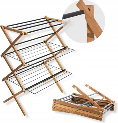 A wooden drying rack is shown in its open and folded states against a white background.