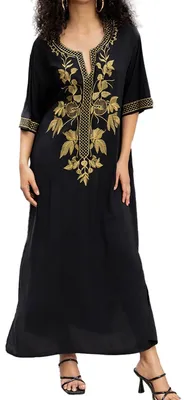 Zdjęcie produktu dla Solidchoice - Elegancka sukienka typu kimono z kwiatowym wzorem w stylu boho, dla kobiet, w kolorze czarnym
