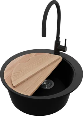 Produktbild von PRIMAGRAN Granitspüle Schwarz 53x53cm, Spülbecken Rund 1 Becken + Ablauf-Set + Küchenzubehörset, Küchenspüle ab 50er Unterschrank - Pisa Max