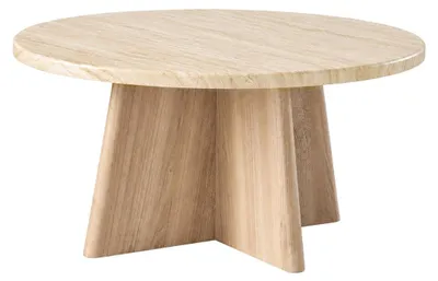 Produktbild von CALICOSY - Runder Couchtisch mit Tischplatte im Travertin-Nachbildung und Beinen in Eichenoptik D80 cm - AGATE