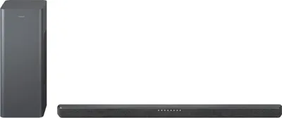 A soundbar and subwoofer are shown against a white background.