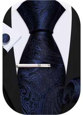 Produktbild von Herren Krawatten Set Seide Paisley Blau Schwarz mit Einstecktuch und Manschettenknöpfen
