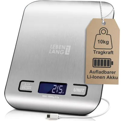 Küchenwaage aufladbar, 10 kg, USB-C, 1 g genau