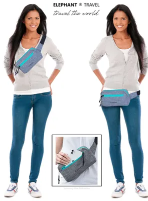 Produktbild von Elephant Bauchtasche Hüfttasche Grau Türkis 13027, 3 Reißverschlussfächer (Haupt-, Vortasche, Rückenfach), verstellbarer Hüftgurt bis 130 cm, Polyester, pflegeleicht, für Reise & Outdoor, BxHxT 23x12,5x7 cm, 1,8 L, 150g