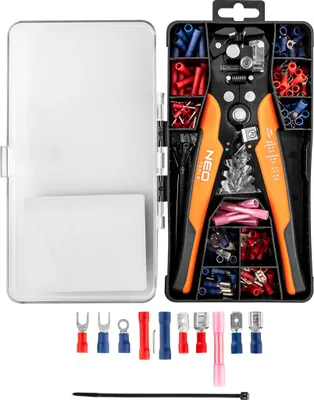 Produktbild von NEO TOOLS Automatische Kabelabisolierzange, Abisolierzange mit einer Frontzange und einem Satz von 230 Steckern, Cr12MoV-Stahl, Härte von 52-58 HRC, Set bietet 230 Bauteile