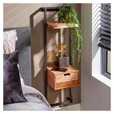 Produktbild von Nachttisch aus Massivholz mit 2 Ablagen und Schublade, 100cm, Akazie, Industrial Style, Vintage Look