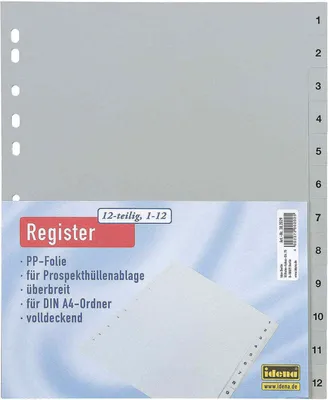 Produktbild von Idena Register aus Kunststoff 120µ grau DIN A4 1-12