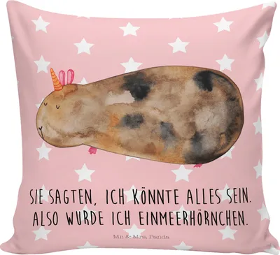 Produktbild von Mr. & Mrs. Panda Dekokissen Sofa Einhorn Meerschweinchen - Rot Pastell - Geschenk, Meerschwein, Einhörner, Polsterkissen, Kissen 40x40, Unicorn, Polster, flauschkissen