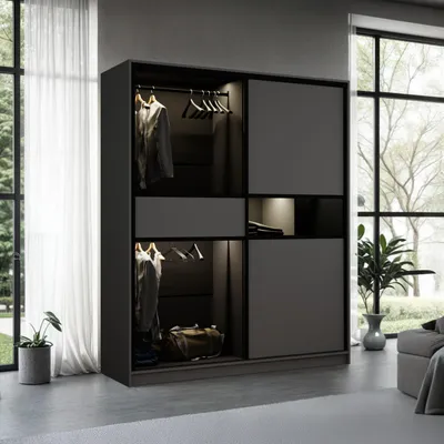 Produktbild von Krudox DRE Graphit Schiebetürenschrank Kleiderschrank 203x217x60 cm - Schlafzimmermöbel, Aufbewahrung – Mehrzweckschrank mit Kleiderstange