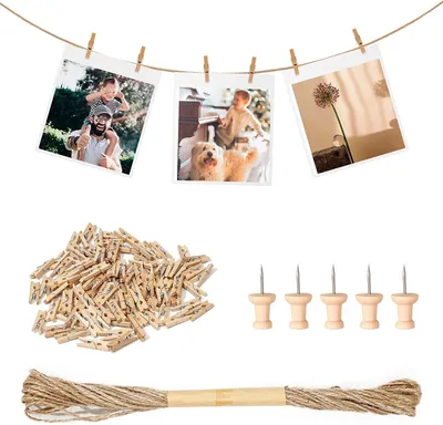 Productafbeelding van Set van 150 mini houten knijpers van 2,5 cm met 10 meter jute touw