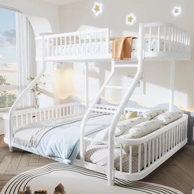 Obrázok produktu pre Poschodová posteľ 90x200/140x200 cm s bezpečnostnou zábranou a rebríkom, poschodová posteľ s kovovým rámom, detská posteľ, biela