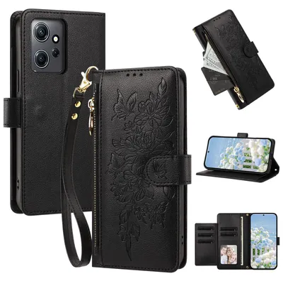 Produktbild von Handyhülle für Xiaomi Redmi Note 12 4G, Wallet Case Kunstleder mit Kartenfächern, Reißverschluss und Handschlaufe Schwarz