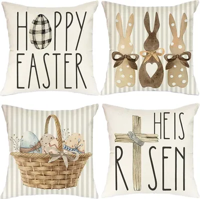 Produktbild von 4 Stück Ostern Kissenbezug, Kissenbezug Ostern Hasenselementstile 45 x 45 cm, Osterdeko Leinen Kissenhülle, Frühling Schlafsofa Dekoration, 45 cm, 45cm