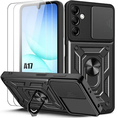 Image de Coque + 2 Verres Trempés pour Samsung Galaxy A17 4G/5G, Protection Antichoc Rigide avec Anneau - Noir