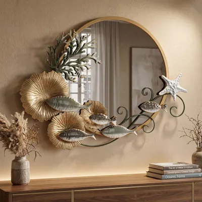 Immagine prodotto di Specchio da parete a forma di pesce, in metallo e MDF, multicolore, dimensioni 88,9 x 7,6 x 65,4 cm, design di Mauro Ferretti