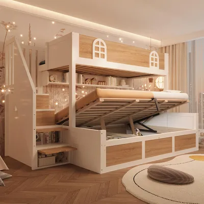 Produktbild von Merax Etagenbett 90/140x200cm mit Treppenschrank und Stauraum, Doppelstockbett mit Sicherheitsgeländer, platzsparend Kinderbett mit Lattenrost,Natur