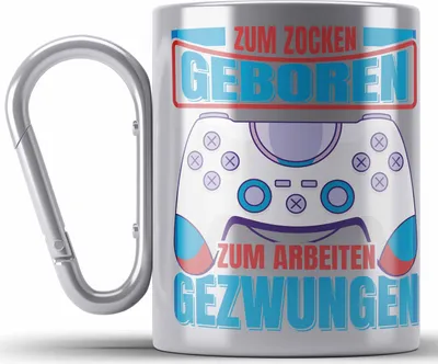 Produktbild von Trendation - Lustige Gamer Edelstahl Tasse Karabiner Zocker Geschenk Gamer Gamergirl Geschenkidee Geburtstag Zum Zocken Geboren (Silber)