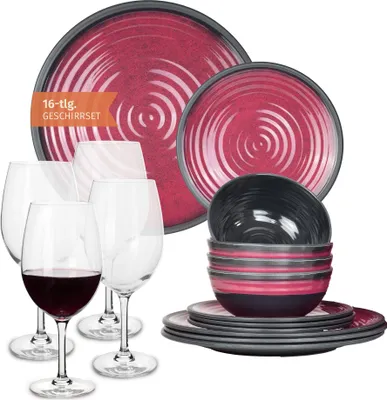 Image de Mélamine Vaisselle de camping Set 4 personnes Stone Red + 4 verres à vin rouge Tiamo Verres à vin rouge Vaisselle de pique-nique BBQ Vaisselle de cuisine